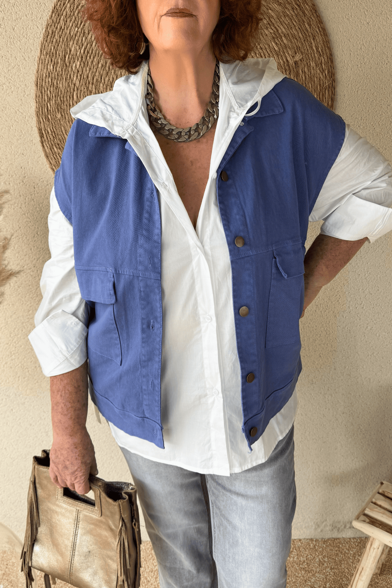 Veste sans manches CELIA bleu indigo – Taille unique jusqu’au 48